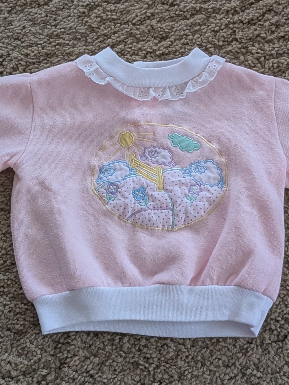 Vintage French Toast Pink Pullover Sweatshirt with Embroidered Cloud Scene